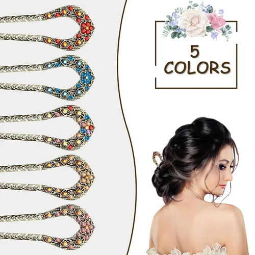 Vista 5 de Waydress 5 horquillas de pelo vintage para moños, pinzas de metal para moños, palillos de cristal con diamantes de imitación de doble punta, pasador