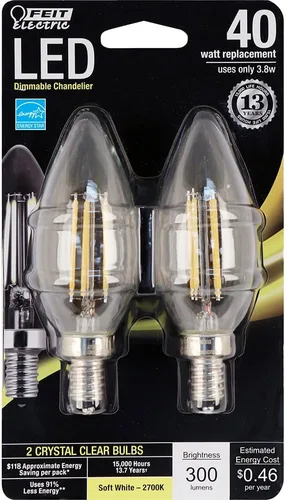 Vista 6 de Feit Electric BPCFF40/827/LED/2 Bombilla LED regulable, equivalente a 40 W, 120 voltios, 300 lúmenes, base de candelabro, 2700 K, CRI >80, blanco
