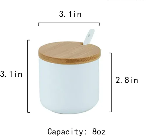 Vista 2 de Tarro de especias de cerámica de color puro simple Caja de condimentos Pote de azúcar con tapa de bambú y cuchara