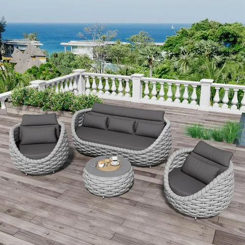 Vista 44 de Juego de muebles de patio de aluminio de 3 piezas: cuerda tejida a mano para conversación al aire libre, juego de 2 cojines modernos montados, juego