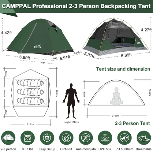Vista 6 de Carpa de mochilero Camppal de 2-3 personas con puerta doble y 2 vestíbulos, impermeable, a prueba de viento, ligera, fácil de montar, para 3