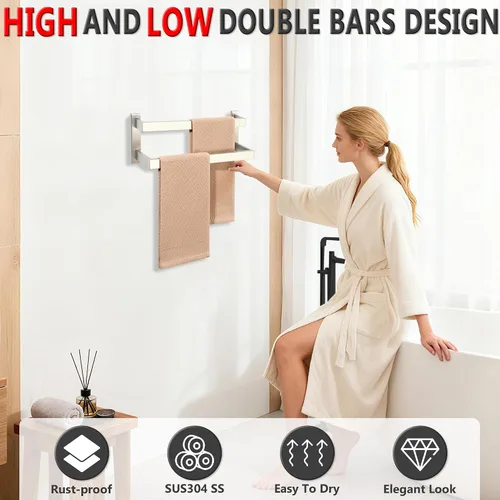 Vista 2 de Alise Barras de Toallas Dobles de 16 Pulgadas para Montar en Pared de Baño, Toallero de Doble Barra para Lavabo de Baño, Barra de Toallas de Acero