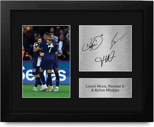 Vista 9 de HWC Trading Kylian Mbappe, Lionel Messi y Neymar Jr Paris Blue and Reds - Memorabilia impresa con autógrafo, para fanáticos del fútbol y seguidores
