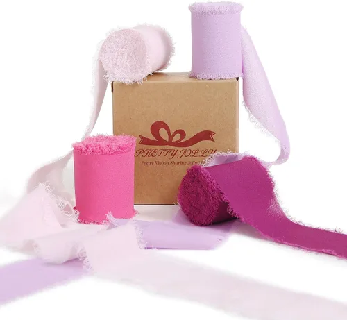 Vista 35 de Pretty Jolly Cinta de gasa beige para envolver regalos, 3 rollos de 2 pulgadas x 7 yardas, cinta de tela de seda hecha a mano con flecos para ramo
