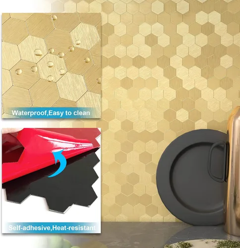 Vista 5 de BeNice Pelar y pegar Backsplash Cocina Hexágono Metal Azulejo Oro 5pcs Dorado