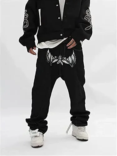 Vista 3 de SKYWPOJU Pantalones de mezclilla con bordado de calavera para hombre estilo vintage hip hop de los años 90 con diseño de patineta