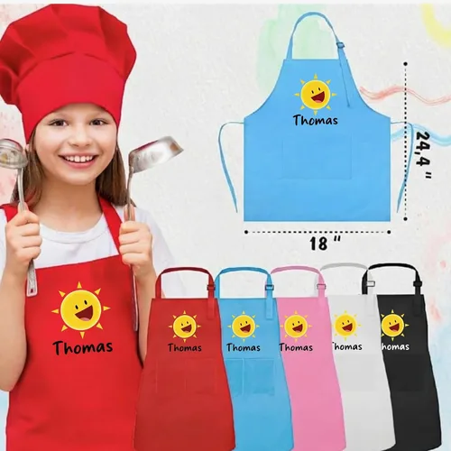Vista 5 de Delantal con nombre personalizado para niños con sombrero de chef, delantal impermeable para cocinar, hornear, arte, pintura, regalo de cumpleaños