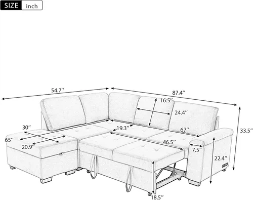 Vista 2 de LUMISOL Sofá cama modular reversible de 87 pulgadas de ancho, juego de muebles de sala de estar, sofá esquinero de 4 plazas con cama extraíble