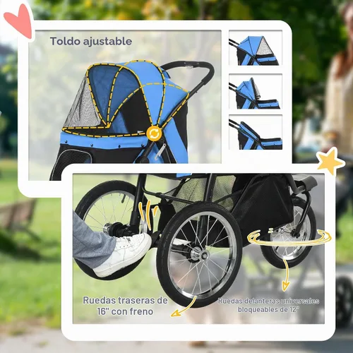 Vista 7 de PawHut Cochecito para mascotas de 3 ruedas, cochecito plegable para perros con toldo ajustable, correa de seguridad, cojín, cesta de almacenamiento