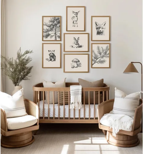 Vista 4 de Arte de pared para guardería, lienzo de animales del bosque, decoración de pared, imágenes de la habitación del bebé, impresiones de animales