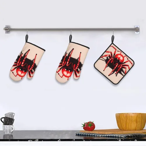 Vista 6 de Juego de manoplas de horno y soporte para ollas con diseño de araña roja, material antiquemaduras, grueso y duradero, antiquemaduras y aislado.