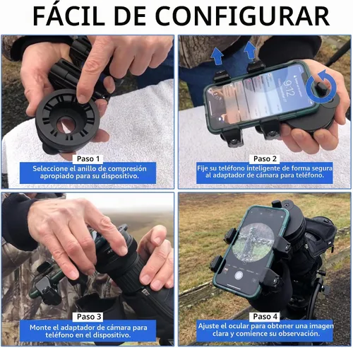 Vista 3 de El adaptador universal para digiscoping de doble agarre conecta todos los teléfonos inteligentes a prismáticos, telescopios de visión, telescopios