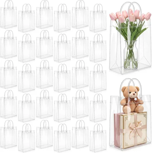 Vista 12 de LEIFIDE 50 bolsas de regalo de plástico transparente con asas, de PVC, reutilizables, transparentes, bolsas para dulces, escuela, fiesta