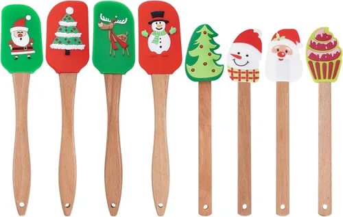 Vista 3 de 8 espátulas de silicona de Navidad para pastel de Navidad con mango de madera, muñecos de nieve, árbol de Navidad, patrón de Papá Noel, decoración