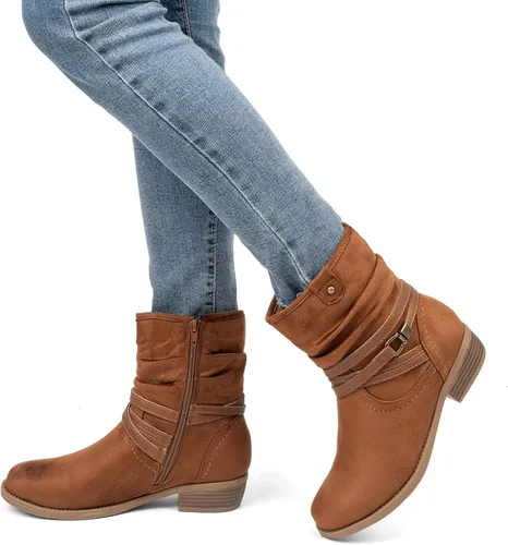 Vista 6 de VJH confort Botas de media pantorrilla para mujer, puntera redonda, tacón bajo, cómodo, holgado, con correa de hebilla y cremallera lateral