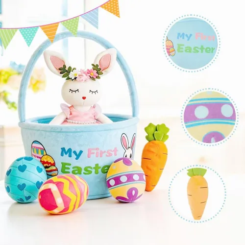 Vista 3 de Cesta de peluche de conejo de Pascua, paquete de 5 juguetes de peluche de zanahoria de huevo de Pascua, cestas de regalo para bebés, juguete de caza