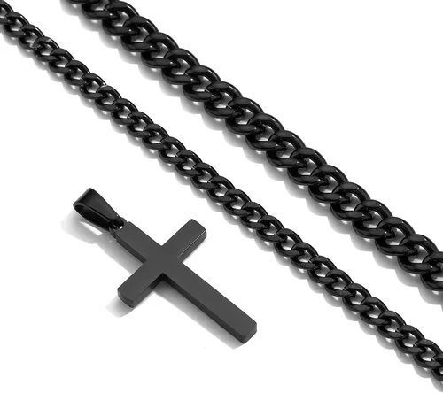 Vista 3 de Zocomi Collar de cruz de acero inoxidable en capas para hombres y niños, cadena de eslabones cubanos colgante de cruz, joyería religiosa regalos