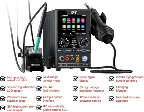 Vista 6 de I2C P30S Estación de soldadura 2 en 1 Estación de soldadura de pistola de aire caliente, soldador eléctrico, funciones de aire caliente, pantalla