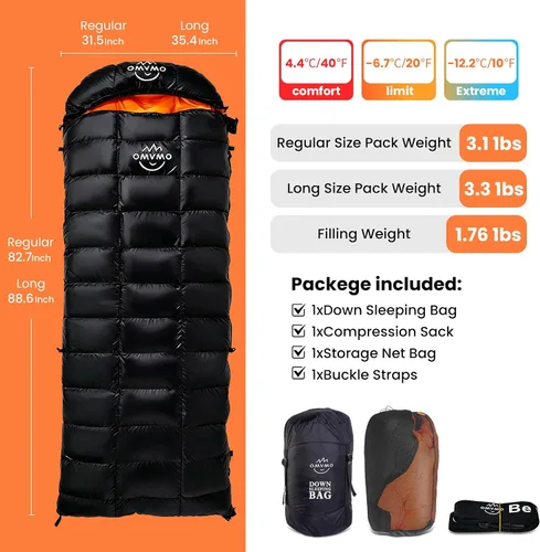 Vista 2 de Rectangular Down Sleeping Bag for Adults Camping Backpacking Negro/15℉/Cremallera izquierda/plumón de pato