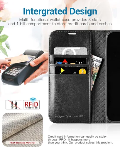Vista 3 de OCASE Funda tipo cartera compatible con iPhone 13 Pro, de piel sintética, con tarjetero, soporte de bloqueo RFID