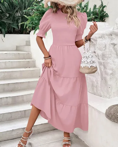Vista 27 de BTFBM Vestidos para mujer, cuello redondo, casual, de verano, con volantes, manga corta, bohemio, con niveles, fruncido, largo, con estampado floral