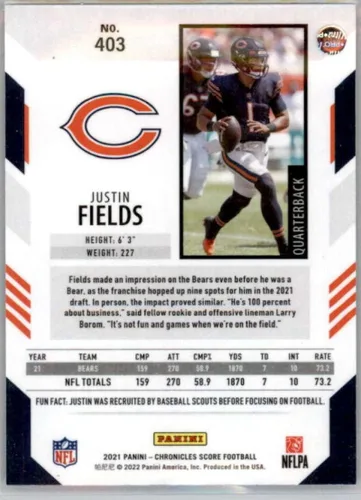 Vista 2 de 2021 Panini Chronicles Score Update Rookies #403 Justin Fields Chicago Bears NFL Football Trading Card