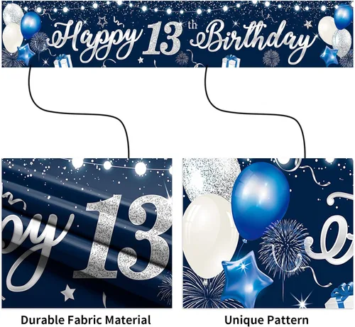 Vista 6 de Domgoge Cartel de decoración de feliz cumpleaños número 13, grande, azul y plateado, cartel de feliz cumpleaños de 13 años, suministros