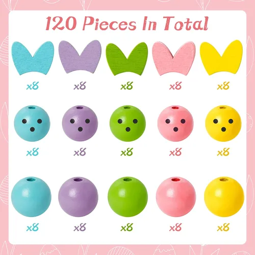 Vista 2 de Eartim Cuentas de madera de conejo de Pascua para manualidades, 121 cuentas redondas de conejo colorido con cordel rústico de granja, kit