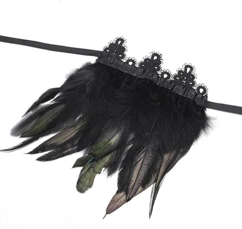 Vista 2 de Disfraz de bruja de cisne de cuervo maléfica con puños de encaje de plumas negras para Halloween, paquete de 2, Negro