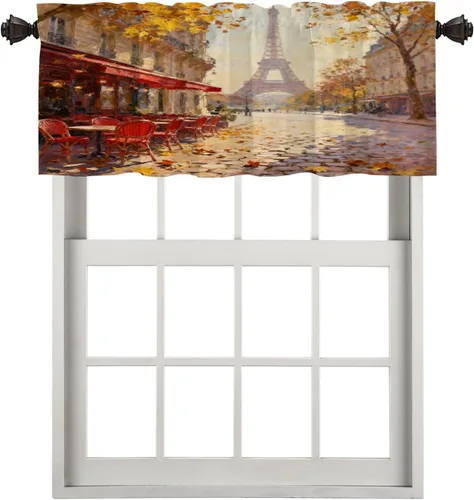Vista 59 de Cortinas opacas de cocina con pintura al óleo de Europa rosa y negra para ventanas, cenefas opacas modernas de torre Eiffel de poliéster multicapa