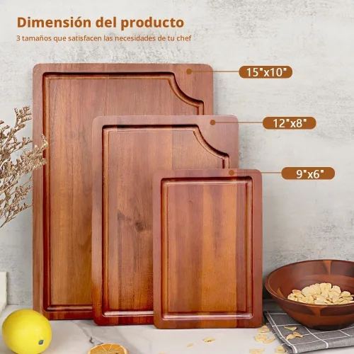 Vista 2 de AIDEA Tabla de cortar de madera de acacia, tablas de cortar para cocina con asa, juego de 3 para carne/verduras/frutas