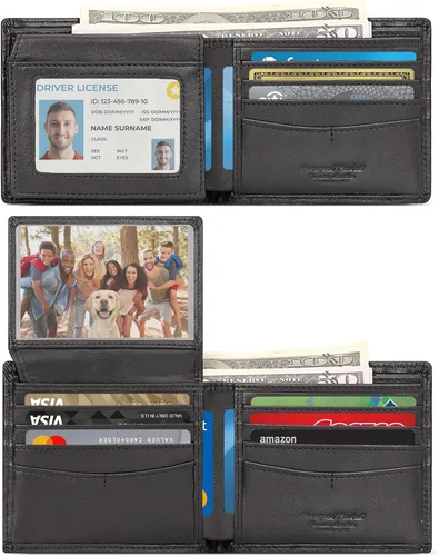Vista 3 de Cartera de cadena para hombre con bloqueo RFID de cuero genuino plegable, Negro -, Classic