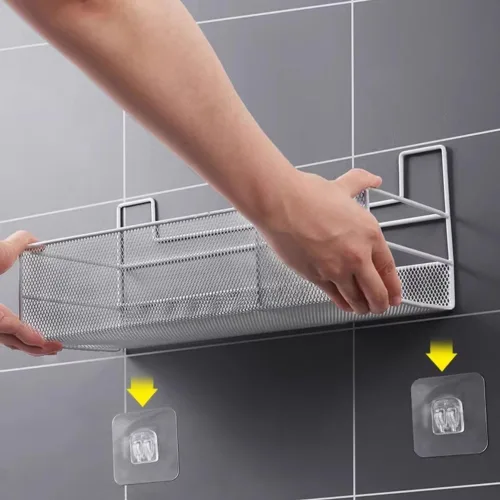 Vista 6 de Estantes de baño, organizador de baño de montaje en pared con 2 compartimentos, alambre de metal sin taladrar cesta organizadora para cuarto de Negro