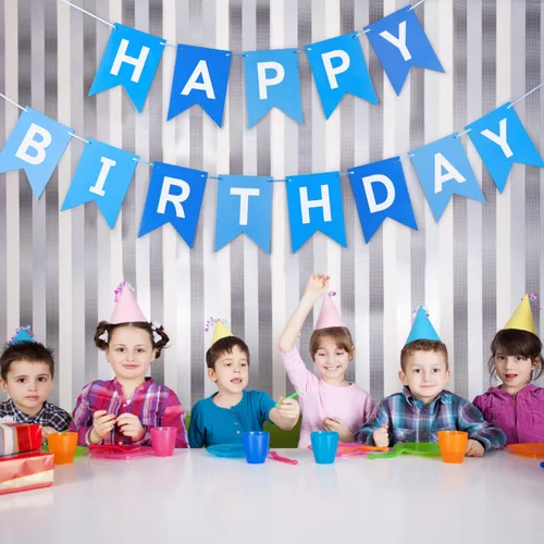 Vista 6 de Cartel azul de feliz cumpleaños, pancarta de feliz cumpleaños, guirnalda para baby shower, revelación de género, suministros de fiesta para niños