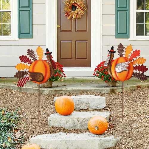 Vista 6 de Lulu Home Decoraciones de pavo de Acción de Gracias, juego de 2 estacas de pavo de metal, decoración de otoño, decoración de otoño para exteriores