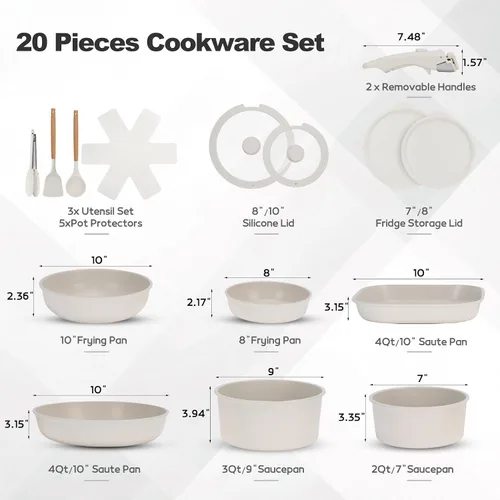 Vista 2 de Juego de 20 ollas y sartenes de cerámica antiadherentes, juego de utensilios de cocina con asas desmontables, apto para horno, listo para inducción