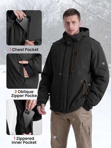 Vista 5 de Abrigos de invierno para hombre, chaqueta parka con capucha abrigada, impermeable, forrada con forro polar para nieve y esquí