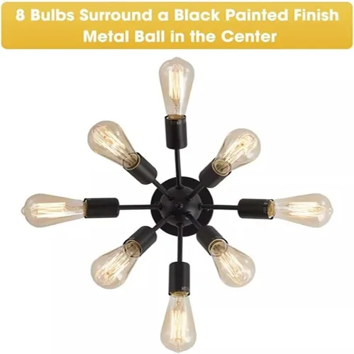 Vista 4 de Lámpara Sputnik de techo de 8 luces, moderna lámpara industrial negra semiempotrada para cocina, comedor, dormitorio, sala de estar, base E26