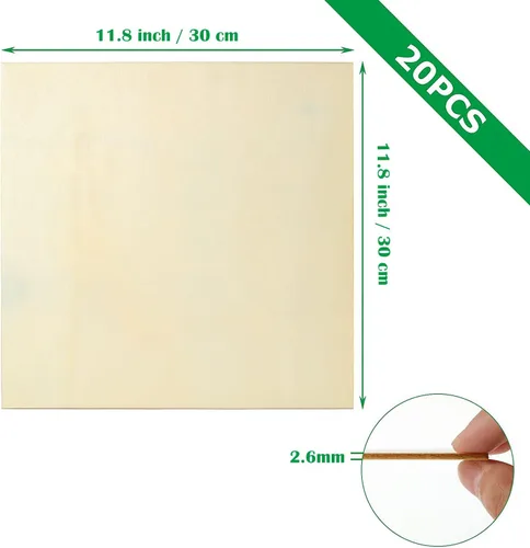 Vista 2 de 20 hojas de madera de tilo de 12 x 12 pulgadas, piezas de madera cuadradas sin terminar para manualidades, tablero de madera contrachapada de 0.118