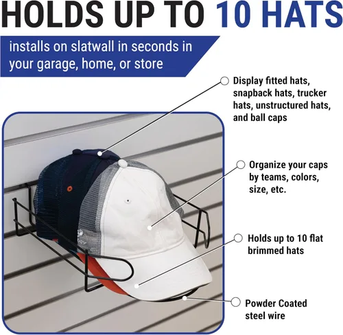 Vista 6 de Estante de exhibición de gorras de Slatwall negro/cromo/blanco para mostrar sombreros ajustados, sombreros Snapback, sombreros no estructurados