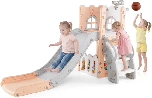 Vista 10 de OLAKIDS Tobogán para niños pequeños, 6 en 1 para interiores y exteriores, con aro de baloncesto, telescopio, almacenamiento de juguetes para niños