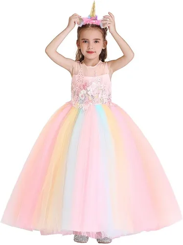 Vista 14 de Vestido de cumpleaños de princesa arcoíris de unicornio para niñas, disfraz de carnaval, fiesta de Navidad, vestido largo con diadema C002 Rainbow