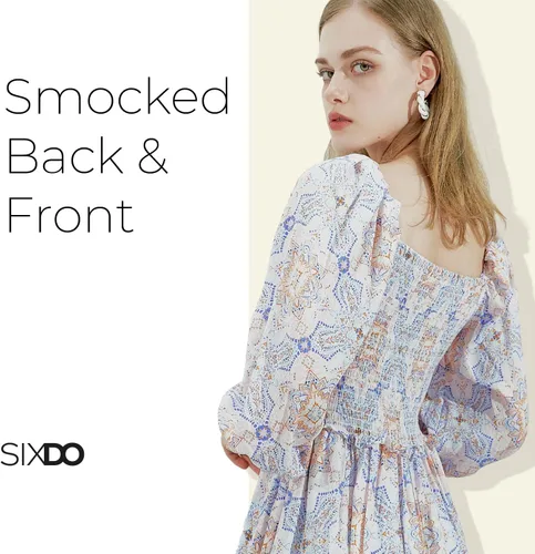 Vista 4 de Womens 2025 Midi Dresses Smocked Long Sleeve Floral Elastic Cuffs Square Neck Casual Beach Work Office Wear