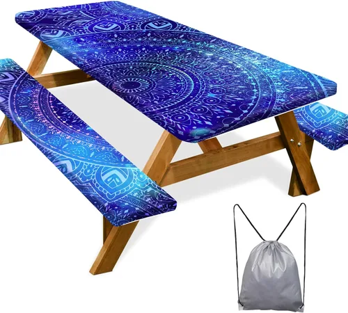 Vista 48 de Funda de mesa de picnic con fundas para bancos Esenciales de camping Mantel de picnic impermeable y a prueba de viento con bolsa de cordón, funda