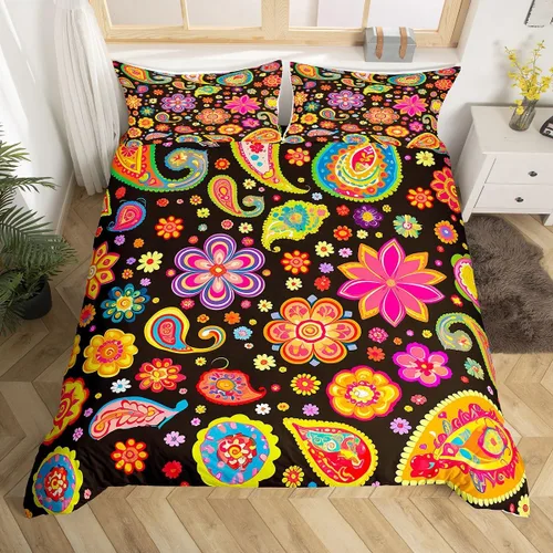 Vista 16 de Groovy Flowers - Funda de edredón de flores hippy girl, juego de ropa de cama con diseño de flores de arco iris, espiral, rayas, floral, juego