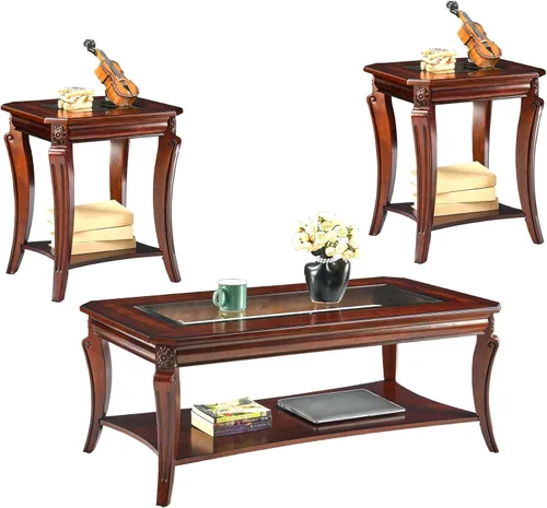 Vista 12 de Mesa auxiliar tradicional con estante de almacenamiento y patas talladas, mesas de sala de estar de granja, mesa central rectangular de madera