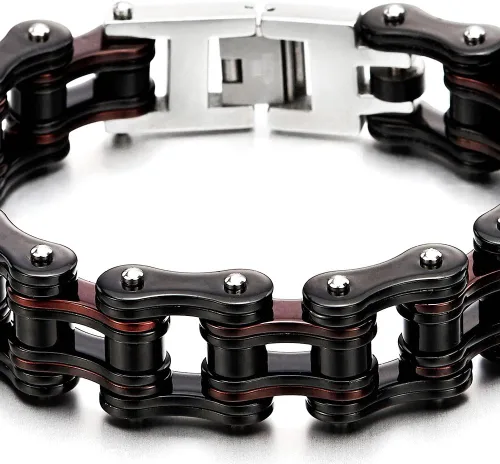 Vista 2 de COOLSTEELANDBEYOND Pulsera de cadena de bicicleta de acero inoxidable, en dos tonos, acabado pulido, para hombre