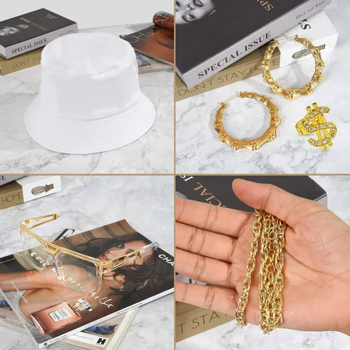 Vista 4 de Hip Hop Costume Kit 90s Outfit Bucket Transparent Sunglasses Gold Chain