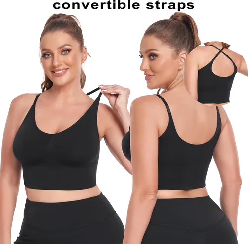 Vista 2 de PRETTYWELL Paquete de 3 sujetadores deportivos para mujer, brasier deportivo acolchado con espalda cruzada, sin costuras, camisetas sin mangas