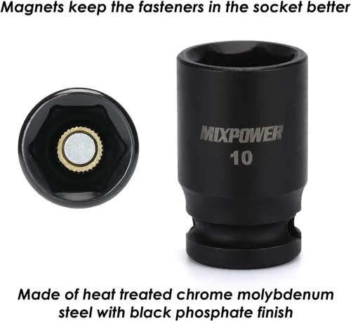 Vista 5 de MIXPOWER 5 piezas de enchufe de 1/4" de 6 puntos de tamaño único de 10 mm, juego de enchufes de 10 mm, enchufe magnético, junta universal, enchufe